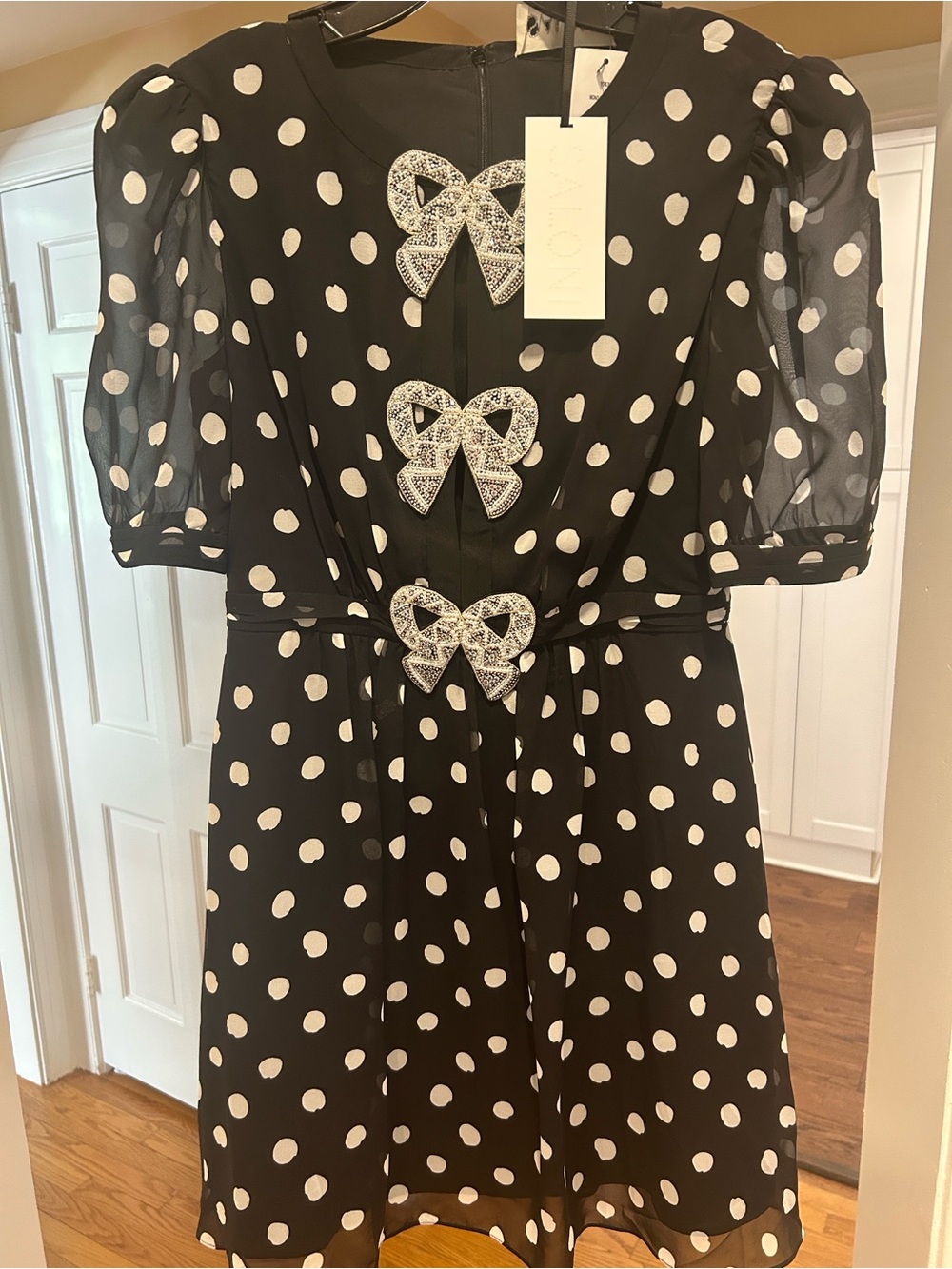 SALONI Black and White Polka Dot Dress with Jeweled Bows NWT - Picture 3 of 10